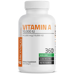 Bronson Vitamin A non-GMO label on bottle emphasizing safety and quality.