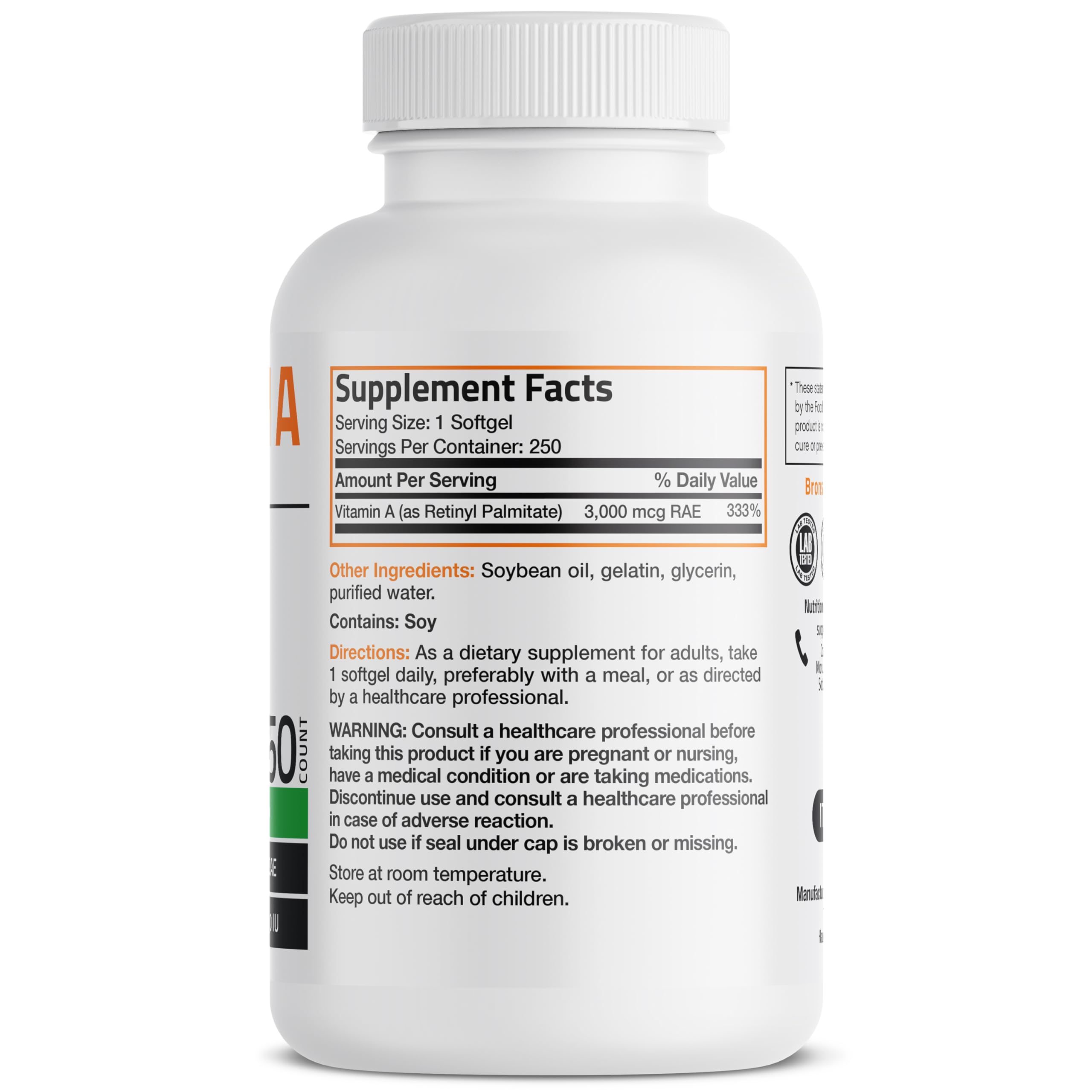 Pouring Bronson Vitamin A softgels shows easy daily use.