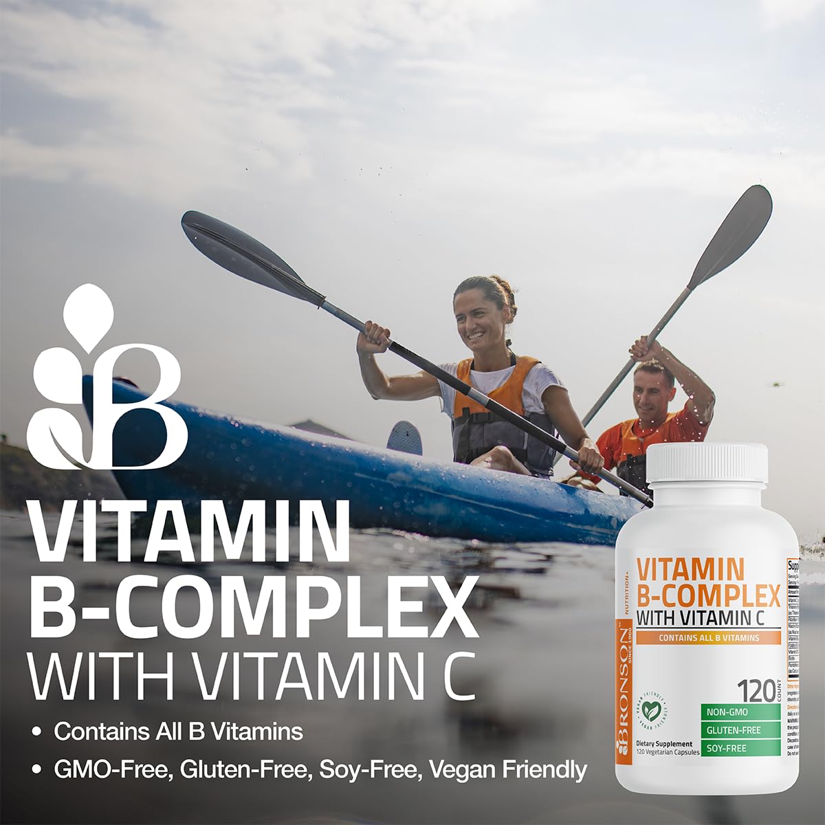 Bronson Vitamin B Complex bottle with glass, convenient daily energy support