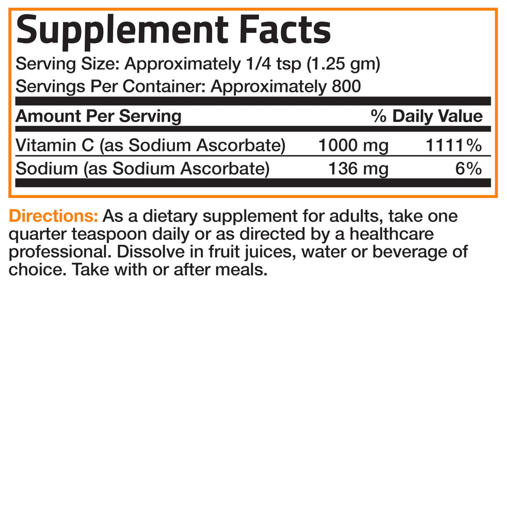 Bronson vitamin C powder 1kg container ready for long-term use.
