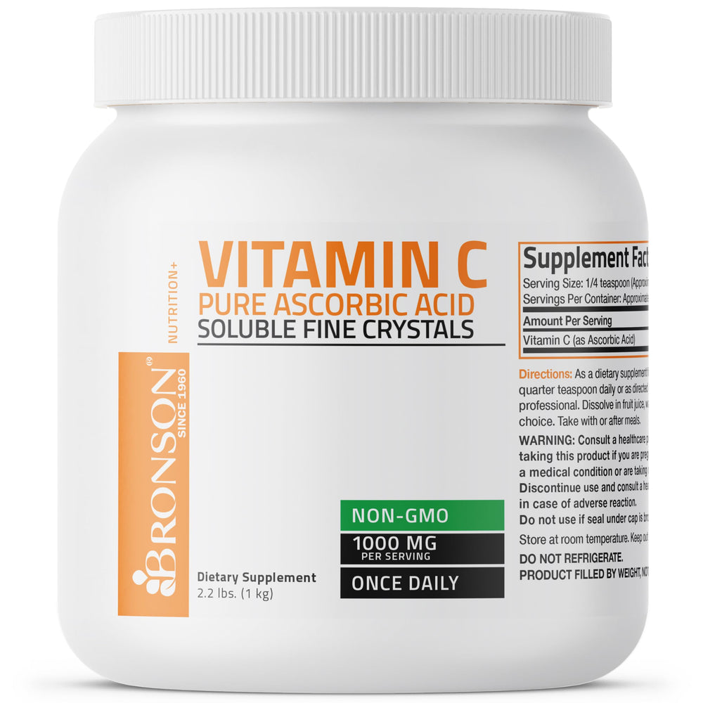 Bronson Vitamin C powder bottle label highlights non-GMO formula and cGMP quality