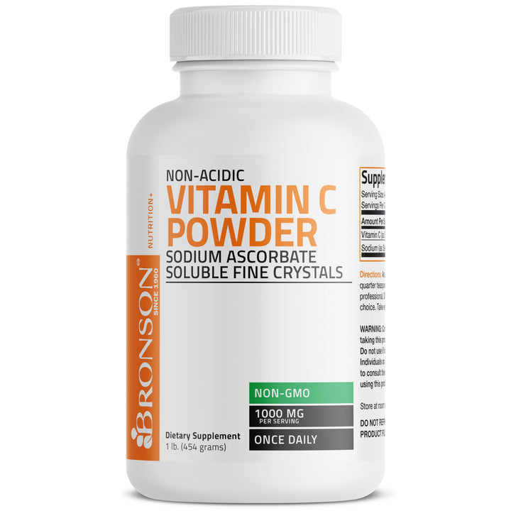 Bronson vitamin C powder stirred into juice for easy intake.