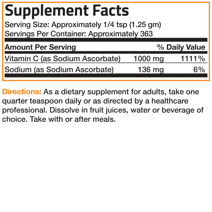 Bronson vitamin C powder container on kitchen counter.