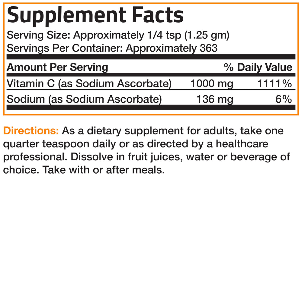 Bronson vitamin C powder container on kitchen counter.