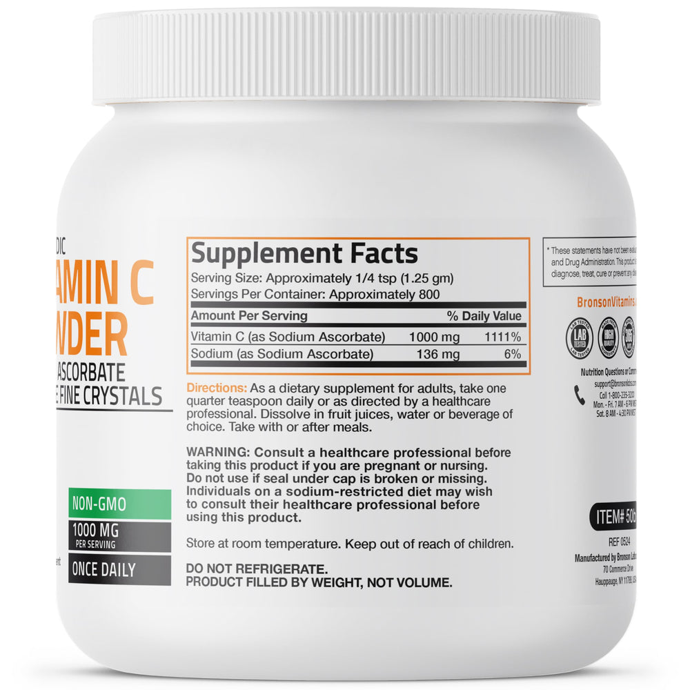 Bronson vitamin C powder sodium ascorbate scoop shown for measuring and dosing.