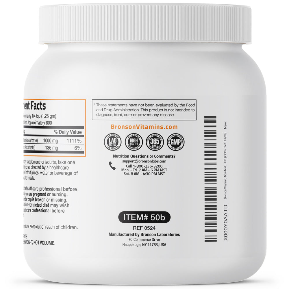 Bronson vitamin C powder produced at a USA-based facility for quality control.