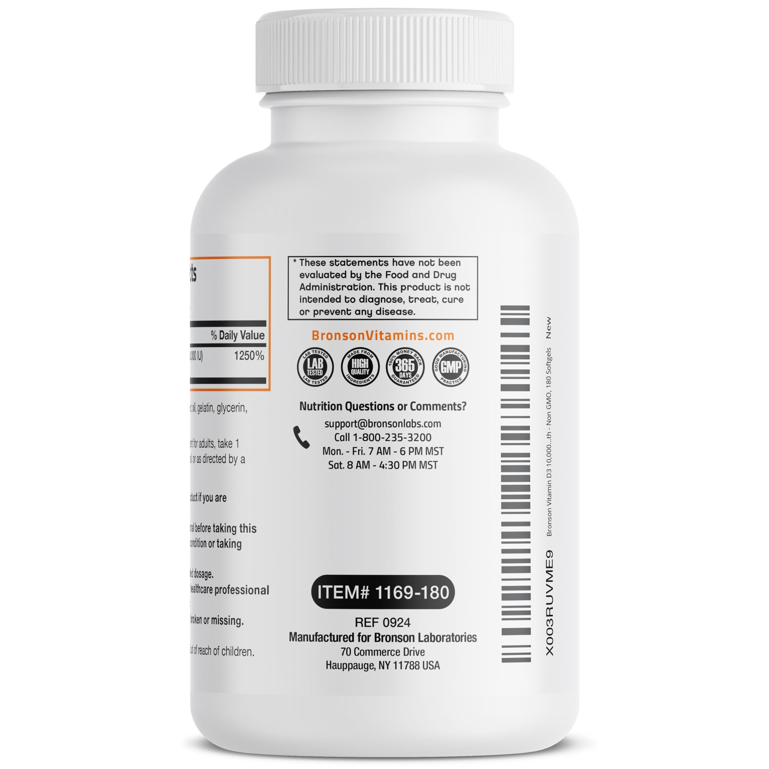 Bronson D3 180-count bottle signals long-term daily supply.