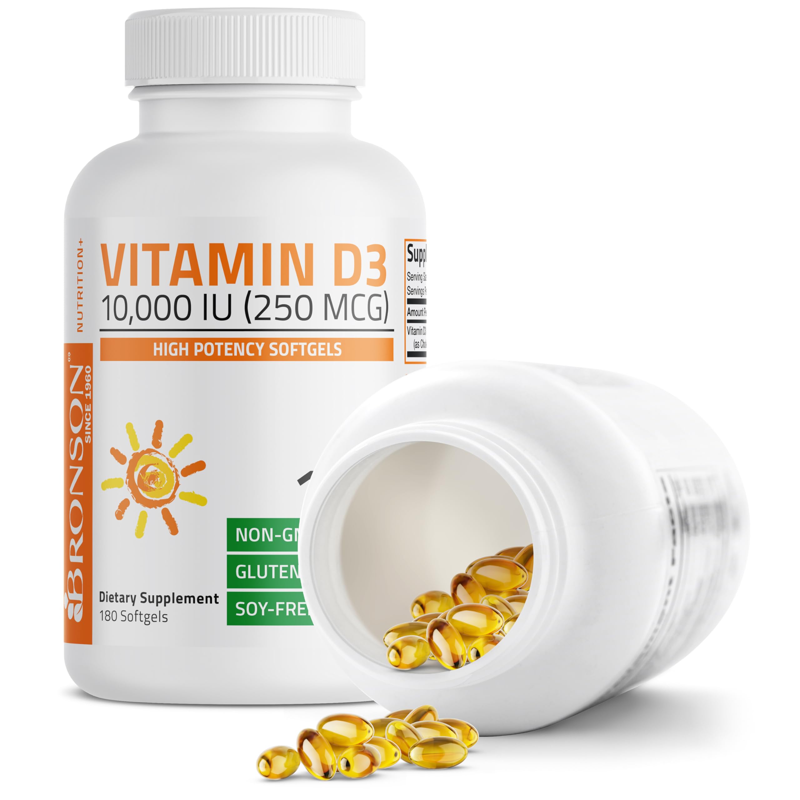 Bronson Vitamin D3 label close-up with cGMP quality reference.