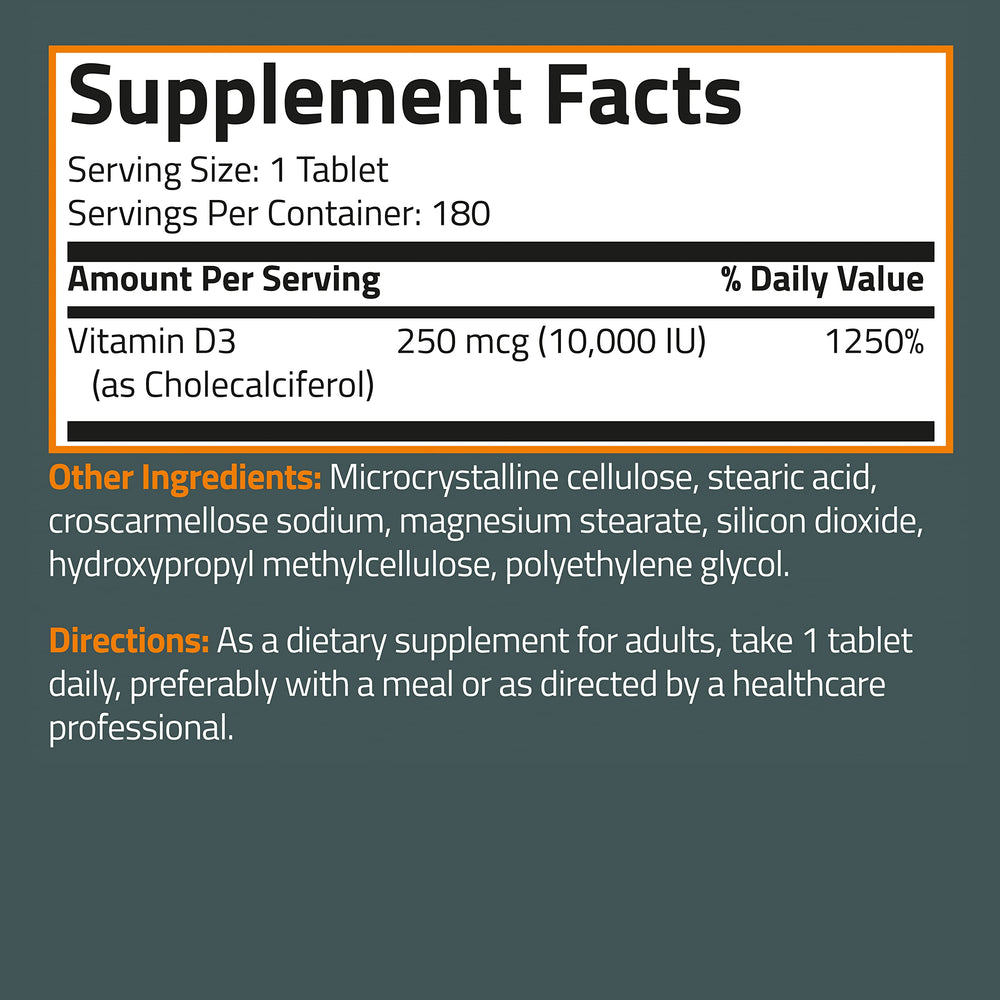 Bronson Vitamin D3 bottle showing dosage information for 180-tablet supply.