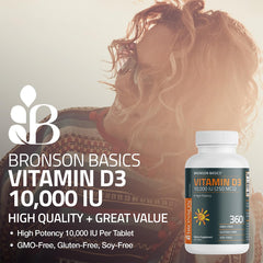 Bronson Vitamin D3 label close-up showing Non-GMO and quality cues.