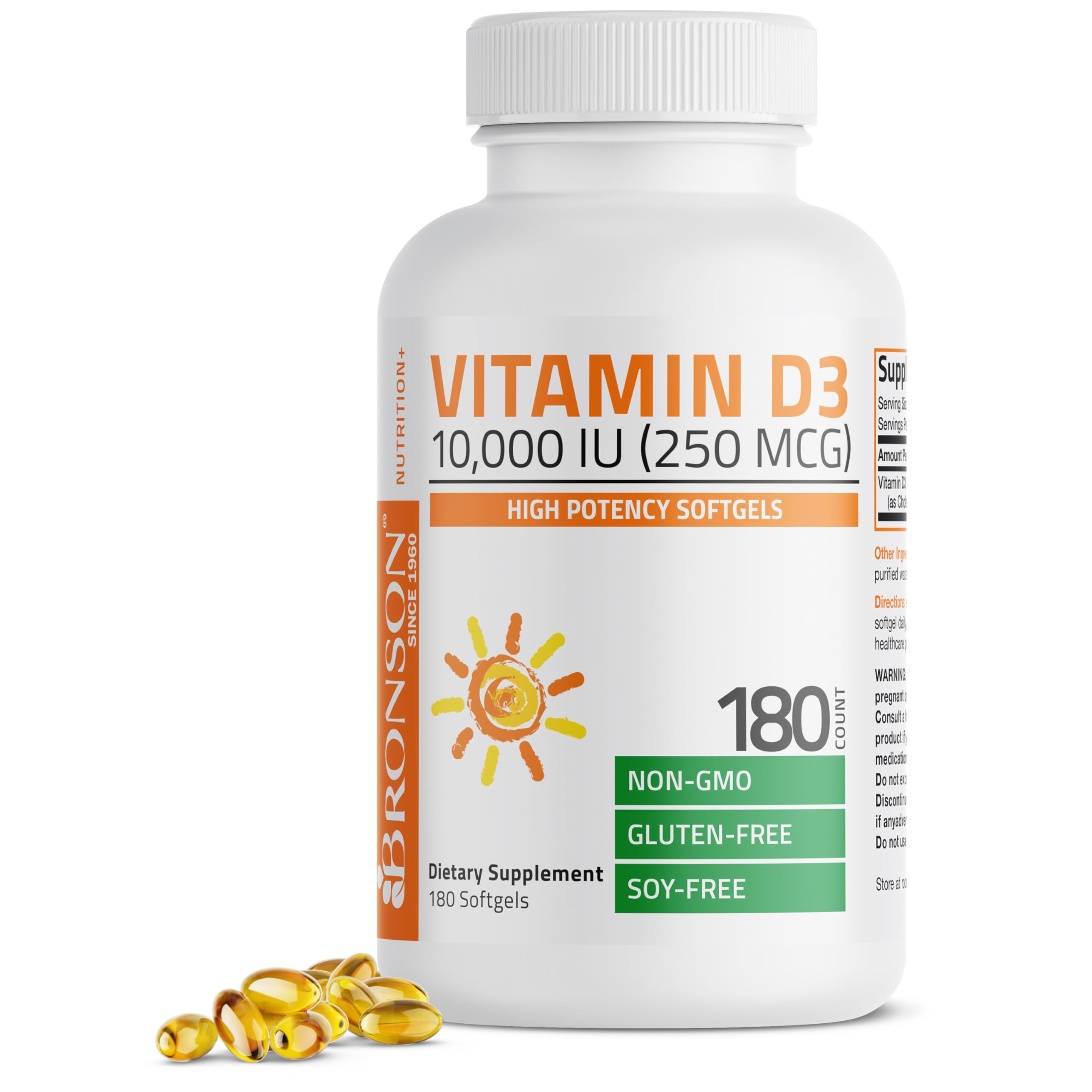 Bronson Vitamin D3 10,000 IU softgel bottle for daily immune and bone support.