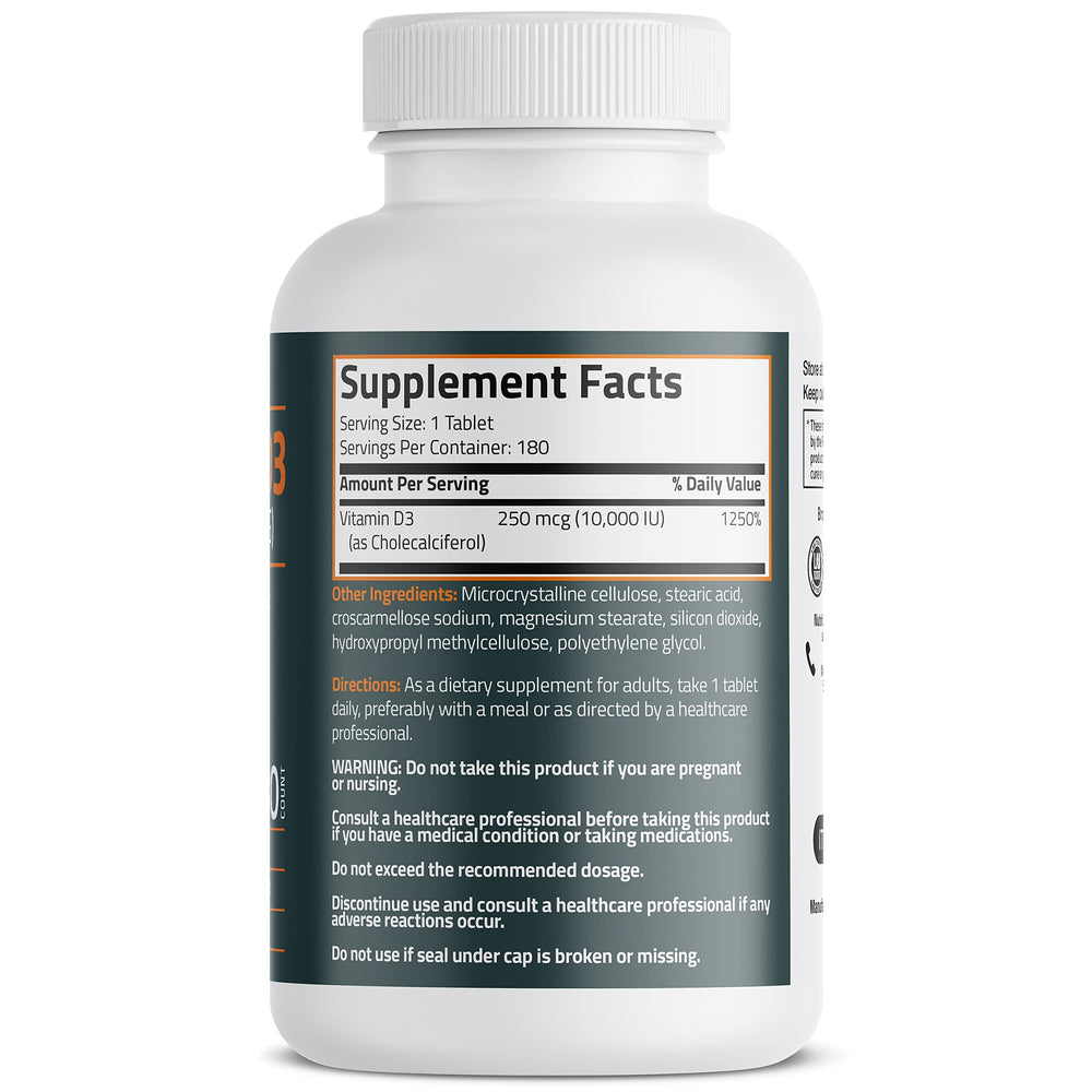 Bronson Vitamin D3 10,000 IU tablets close-up ideal for daily supplementation.