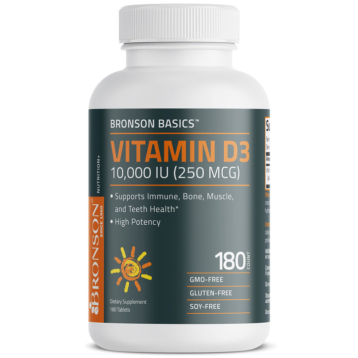 Bronson Vitamin D3 tablets on wood surface suggest daily routines.