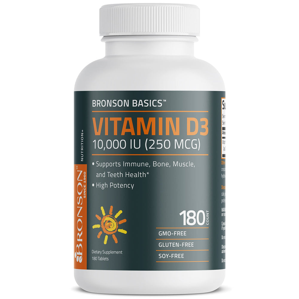 Bronson Vitamin D3 tablets on wood surface suggest daily routines.
