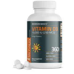 Bronson Vitamin D3 10,000 IU bottle front view supports daily immune health and muscle function.