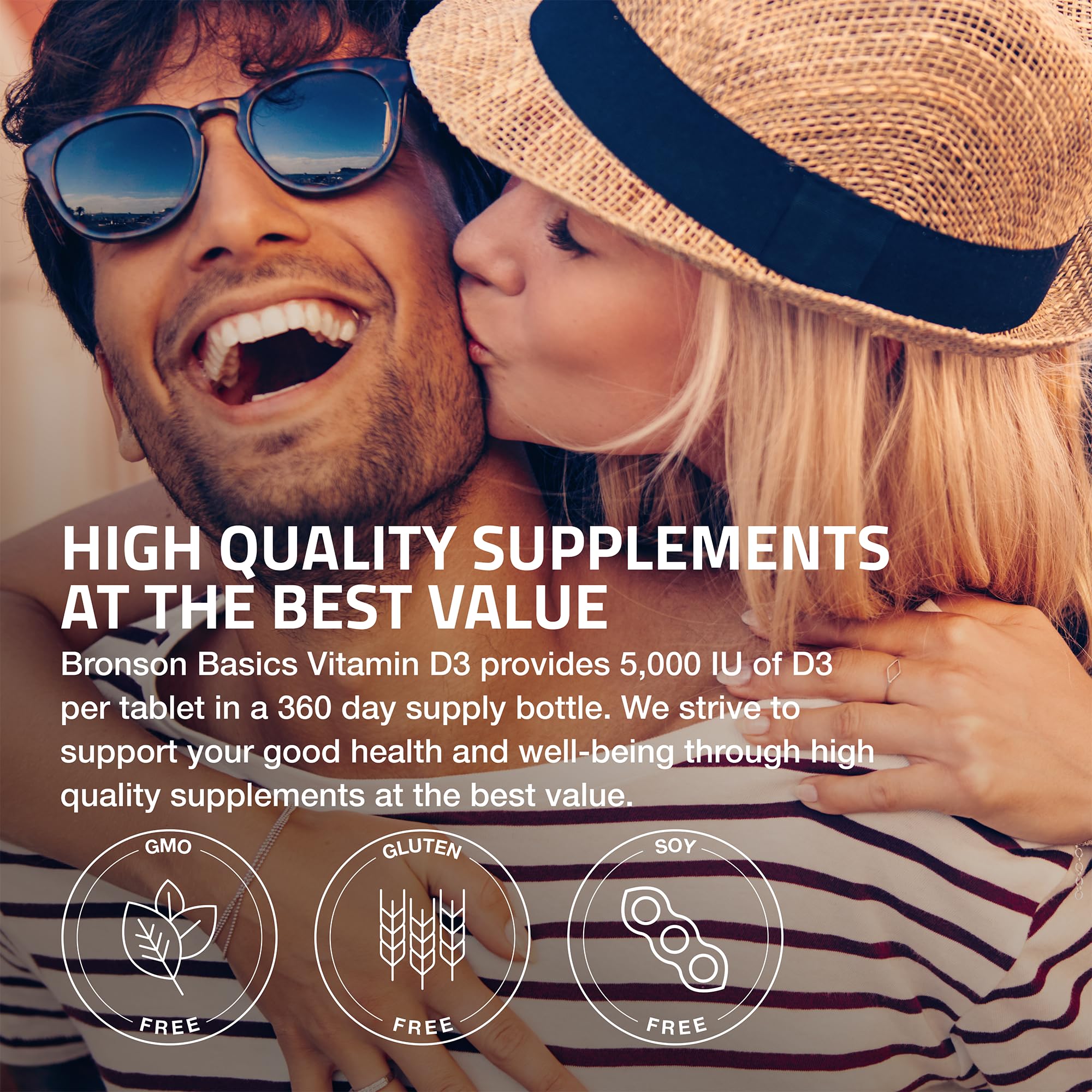 Bronson Vitamin D3 5000 IU bottle in hand for on-the-go daily supplementation.
