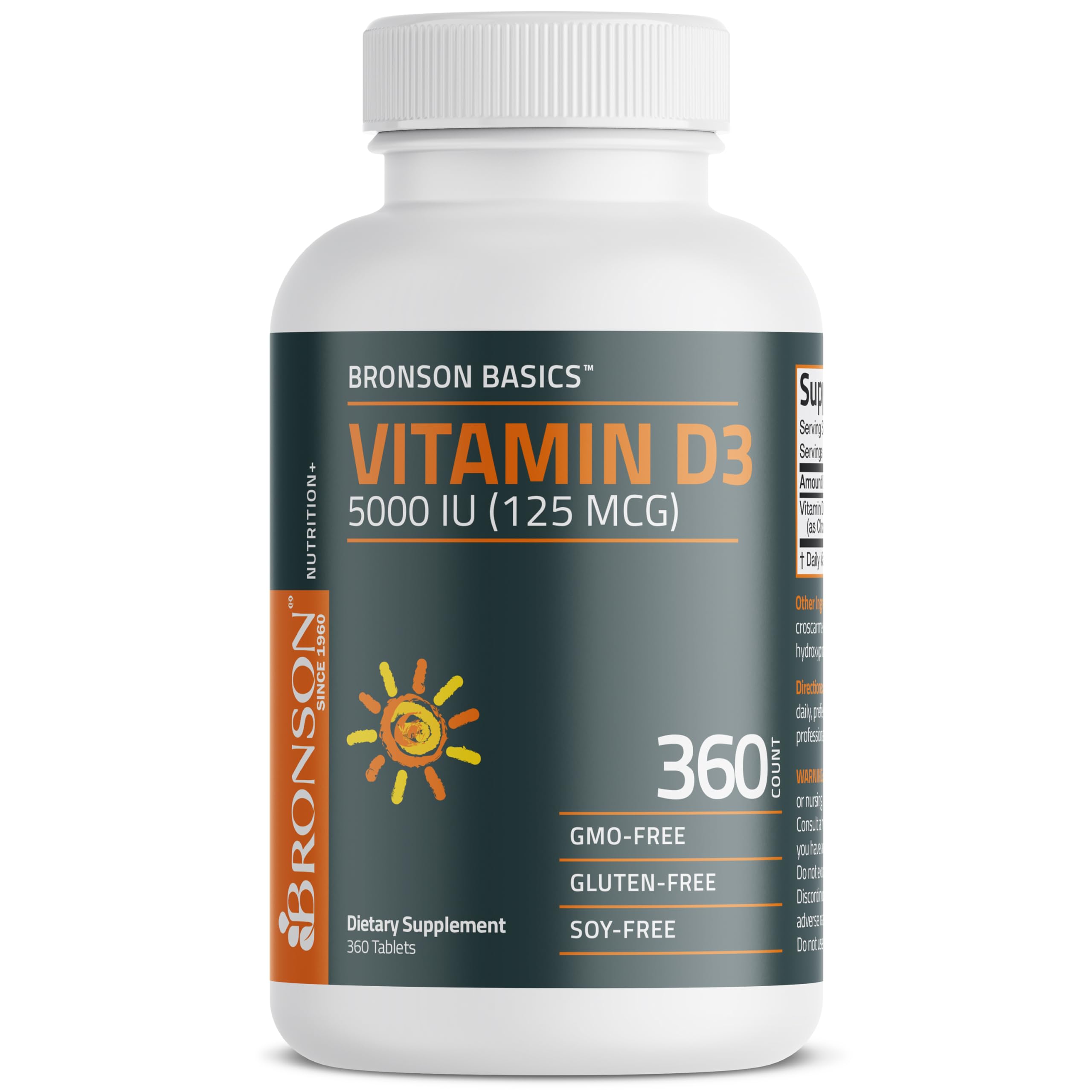 Bronson Vitamin D3 5000 IU cGMP certified badge signals quality standards.