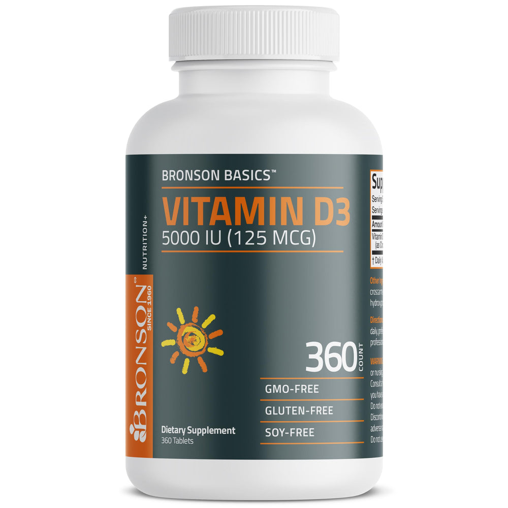 Bronson Vitamin D3 5000 IU cGMP certified badge signals quality standards.