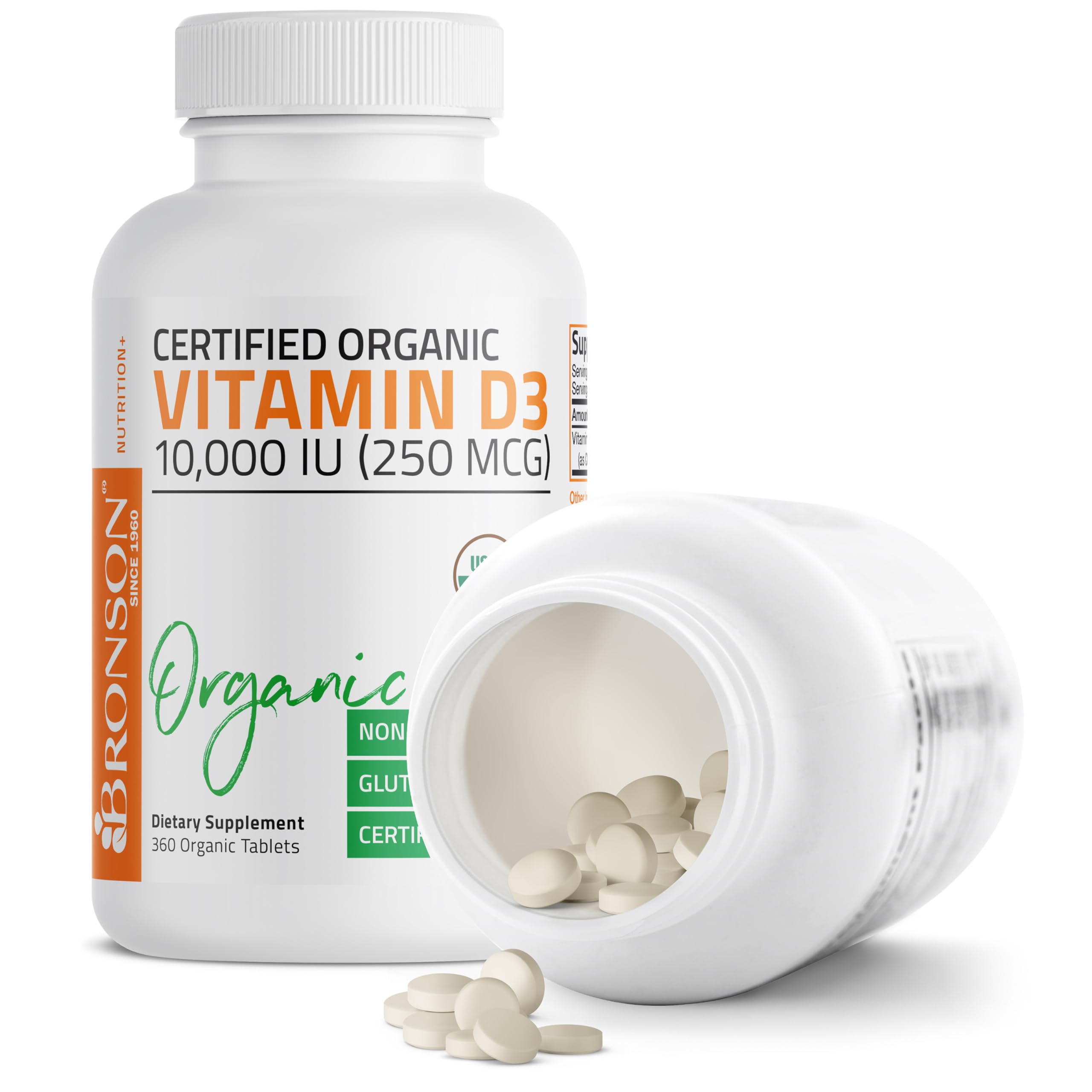 Bronson Vitamin D3 dosage information highlights 10,000 IU per tablet.