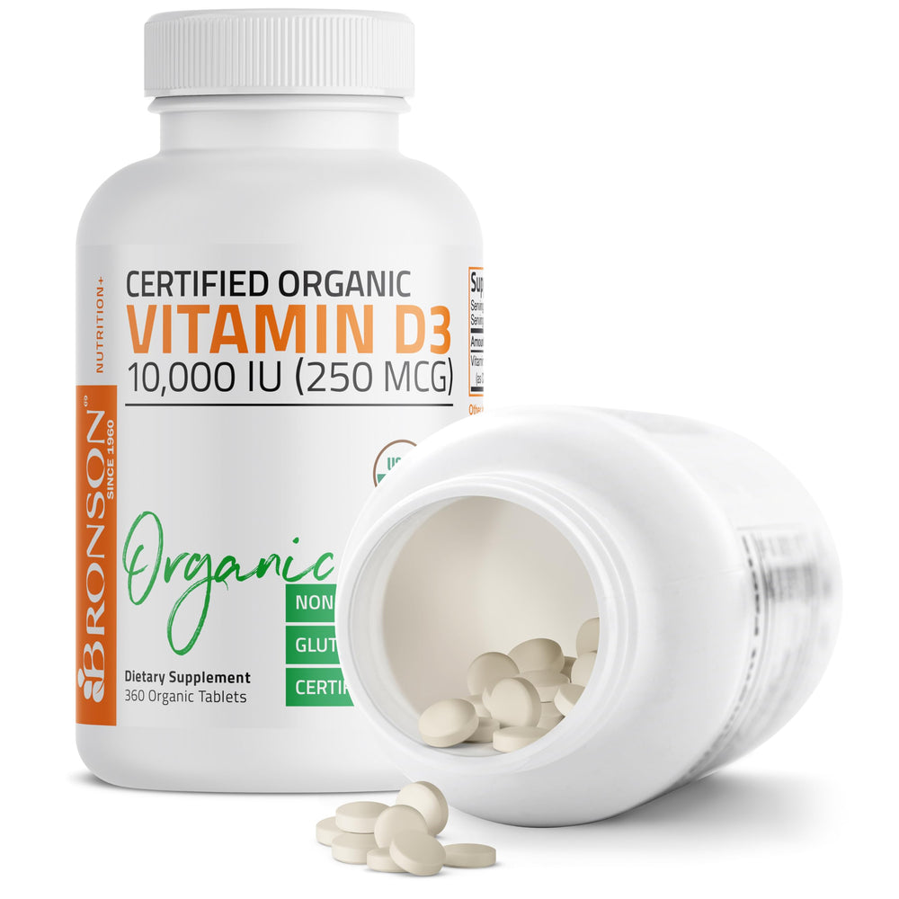 Bronson Vitamin D3 dosage information highlights 10,000 IU per tablet.