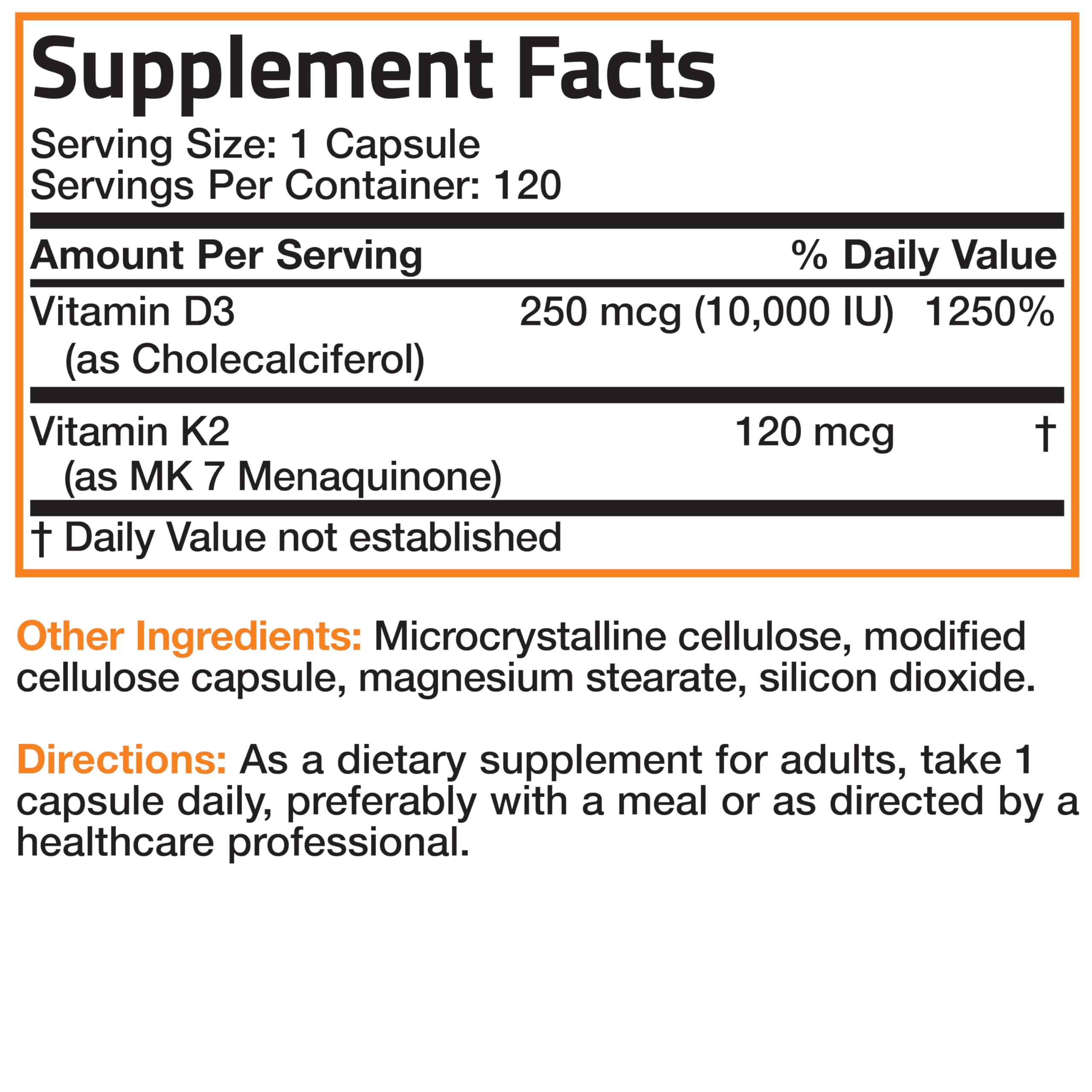Bronson 120-count bottle emphasizes long-lasting non-GMO vitamin D3 and K2.
