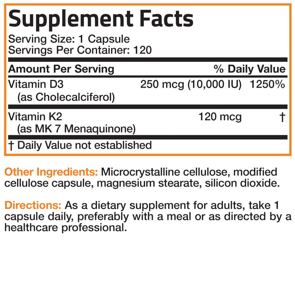 Bronson 120-count bottle emphasizes long-lasting non-GMO vitamin D3 and K2.