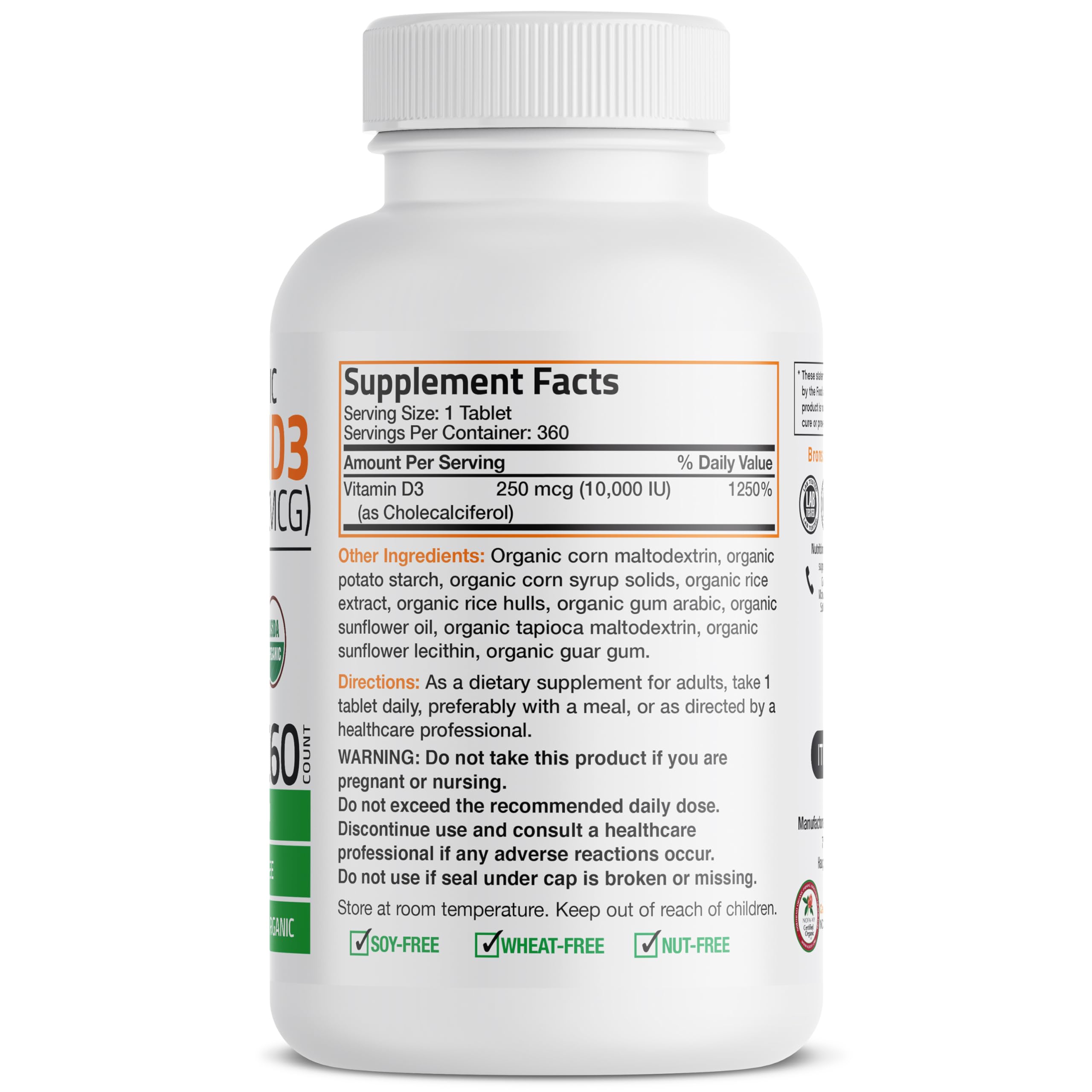 Bronson Vitamin D3 label closeup emphasizes organic, non-GMO quality you can trust.