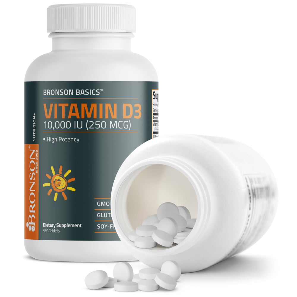 Bronson Vitamin D3 1-year supply packaging highlighting 360 tablets for ongoing use.