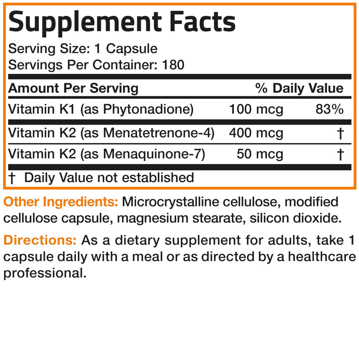 Bronson Vitamin K Triple Play 180 capsules for daily nutritional support.