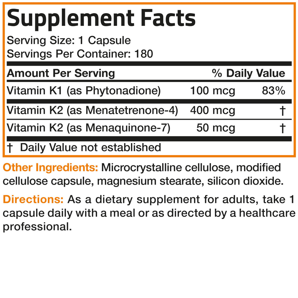 Bronson Vitamin K Triple Play 180 capsules for daily nutritional support.