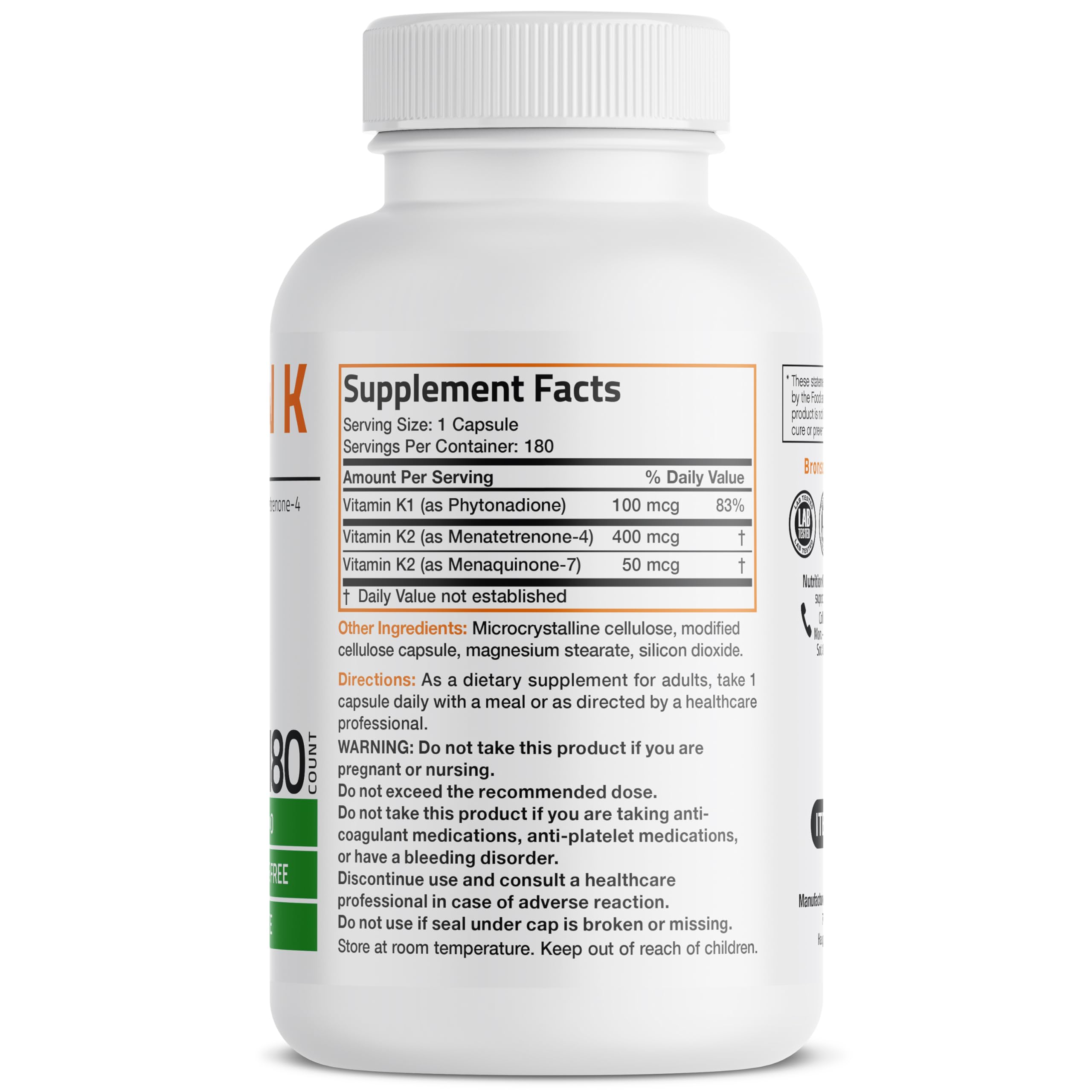 BronsonVitamin K Triple Play capsules with gluten-free formulation.