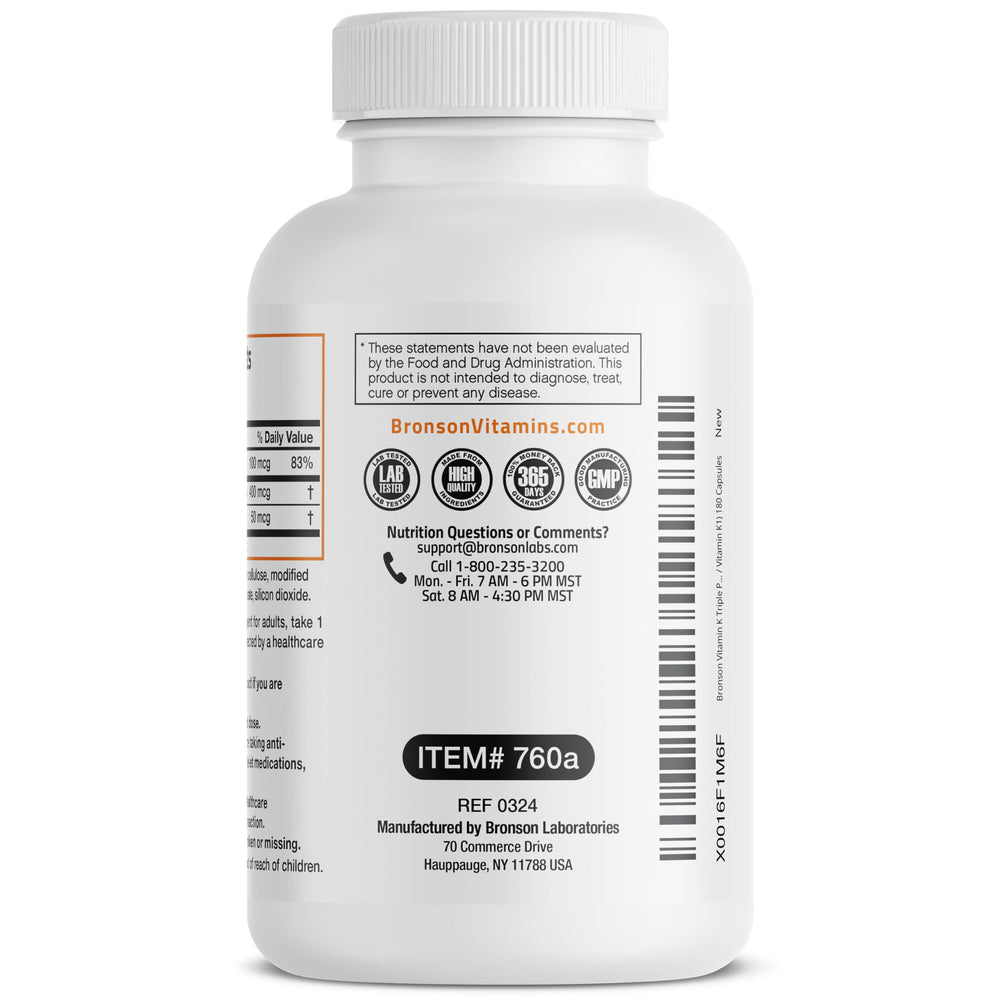 Bronson Vitamin K Triple Play bottle on shelf reflecting trusted history since 1960.