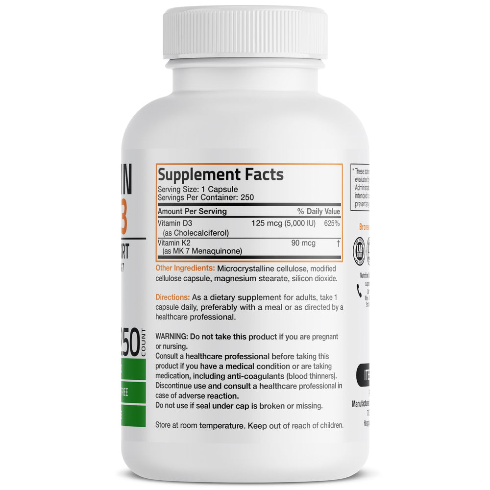 Bronson Vitamin K2 D3 capsules close-up, ideal for routine supplementation.