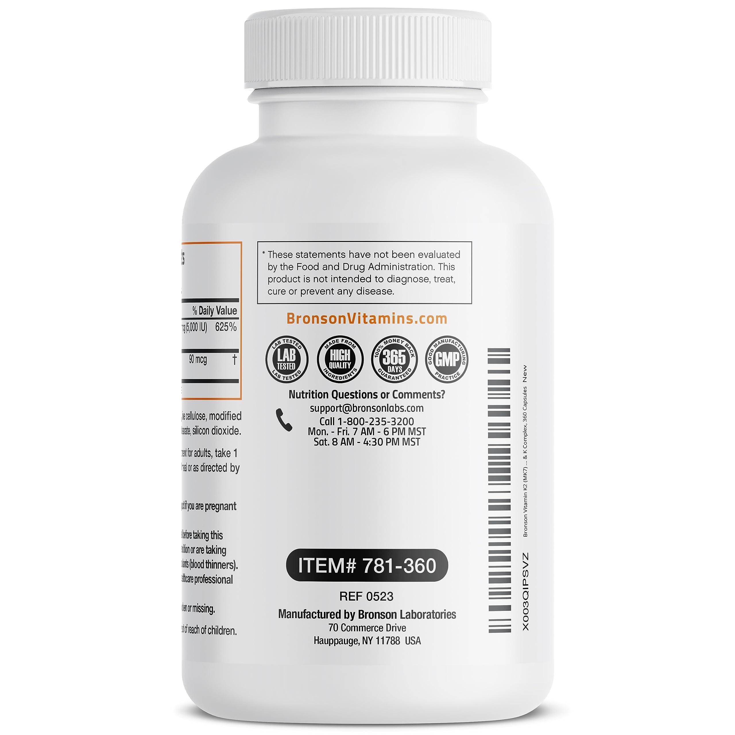 Gluten-free and non-GMO insignia on Bronson K2 D3 label for clean supplement.