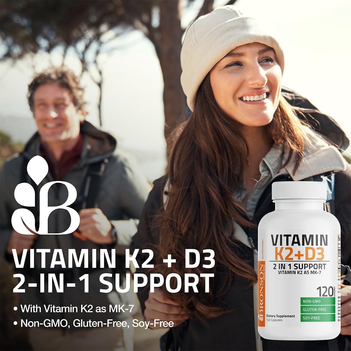 Bronson Vitamin K2 D3 label detail highlights non-GMO and gluten-free quality.