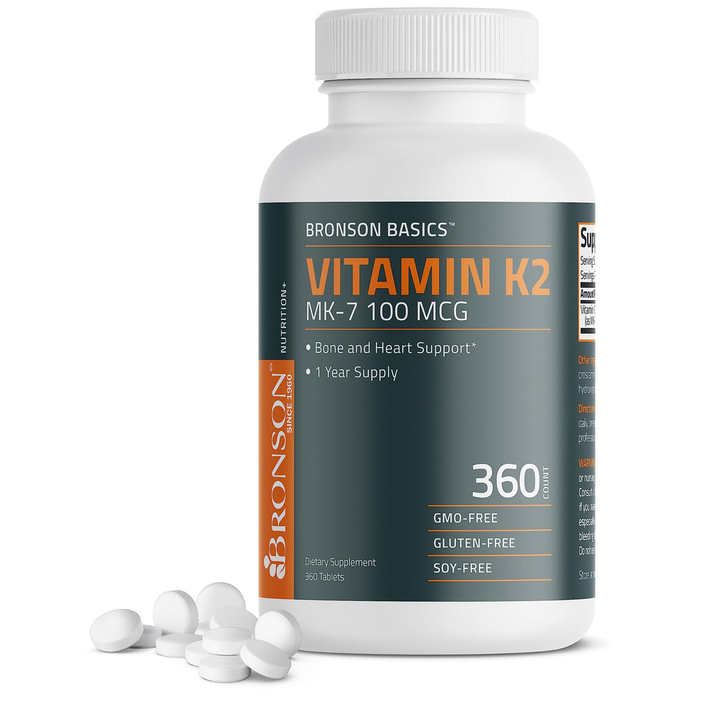 Bronson Vitamin K2 MK-7 bottle label shows 100 mcg for bone support.