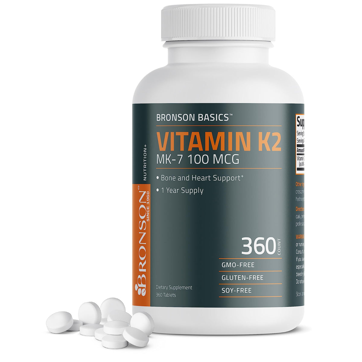 Bronson Vitamin K2 MK-7 bottle label shows 100 mcg for bone support.