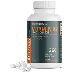Bronson Vitamin K2 MK-7 bottle label shows 100 mcg for bone support.