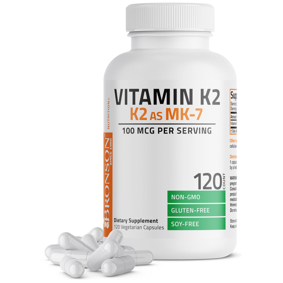 Bronson Vitamin K2 MK-7 bottle with capsules supports calcium transport to bones.