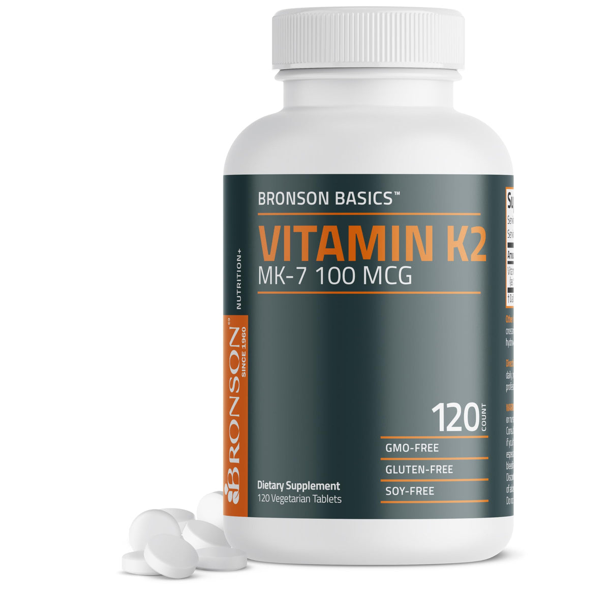 Bronson Vitamin K2 MK-7 100 mcg tablets bottle for daily bone support.