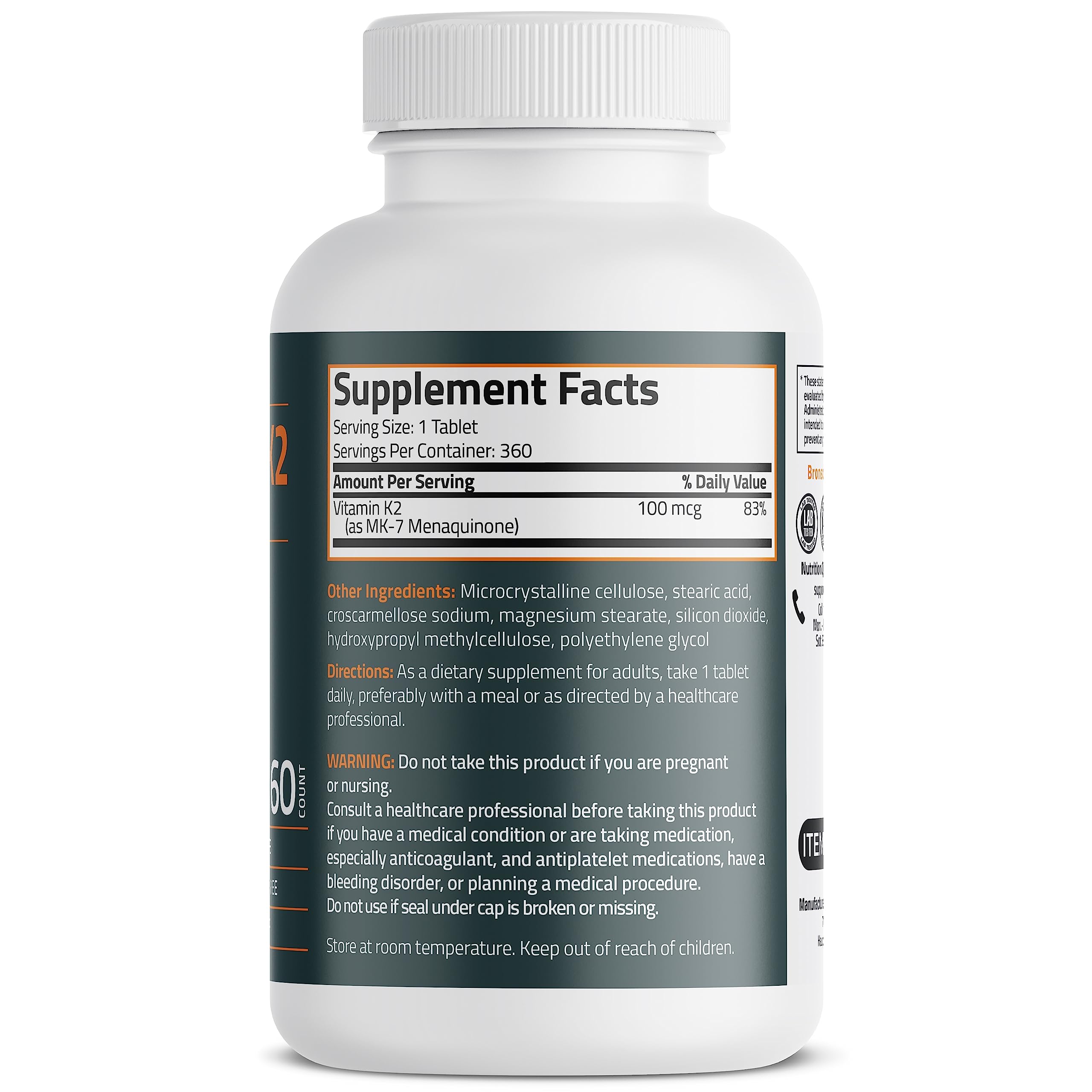 Bronson Vitamin K2 MK-7 tablets close-up with uniform size for easy dosing.