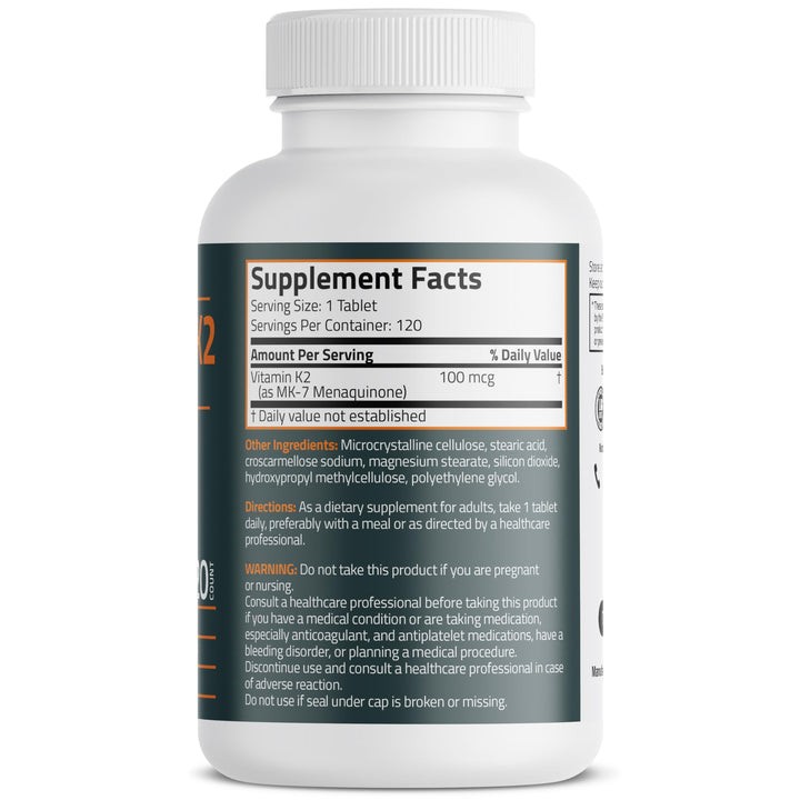 Bronson Vitamin K2 MK-7 bone-support tablets pack emphasizes calcium balance.