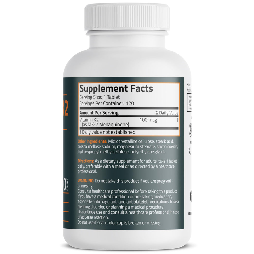 Bronson Vitamin K2 MK-7 bone-support tablets pack emphasizes calcium balance.