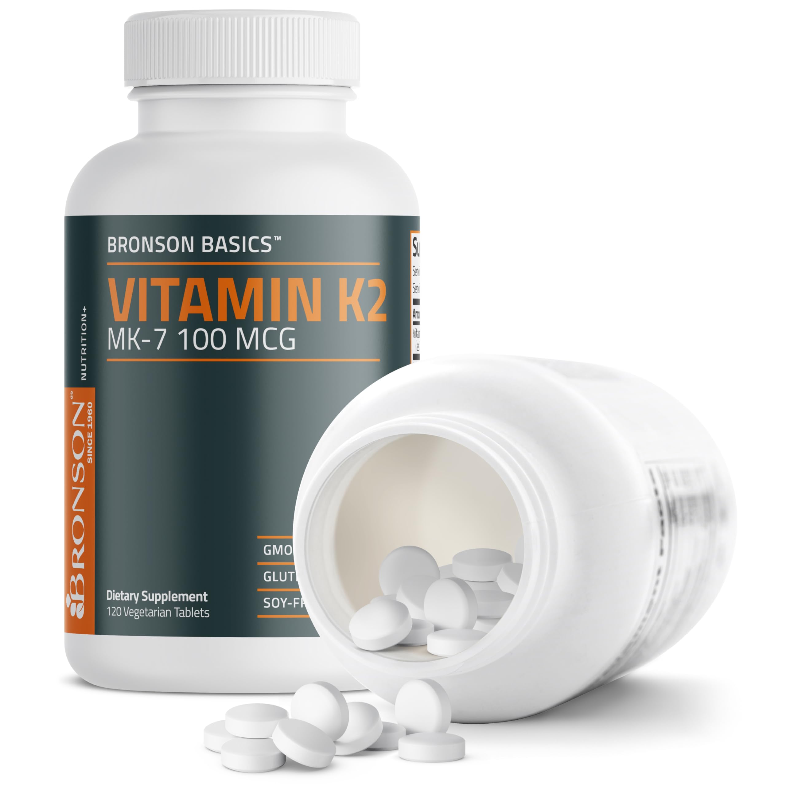 Bronson Vitamin K2 MK-7 bottle closeup showcases premium quality.