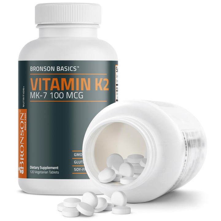 Bronson Vitamin K2 MK-7 bottle closeup showcases premium quality.