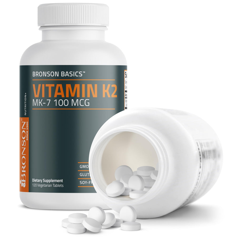 Bronson Vitamin K2 MK-7 bottle closeup showcases premium quality.