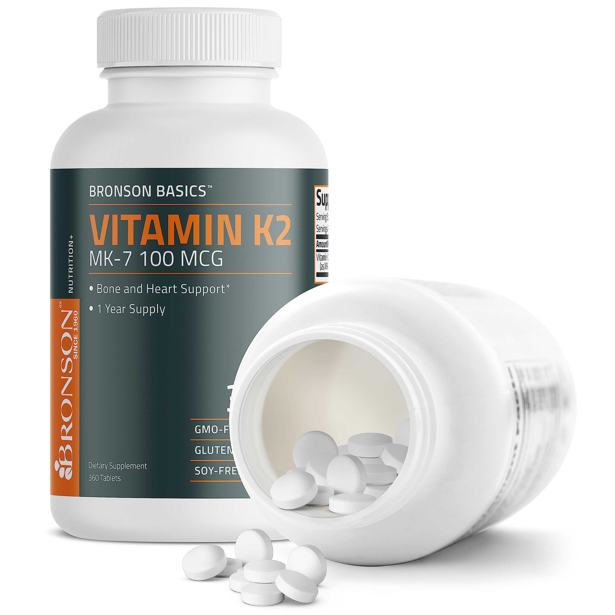 Bronson Vitamin K2 MK-7 bottle open to capsules.
