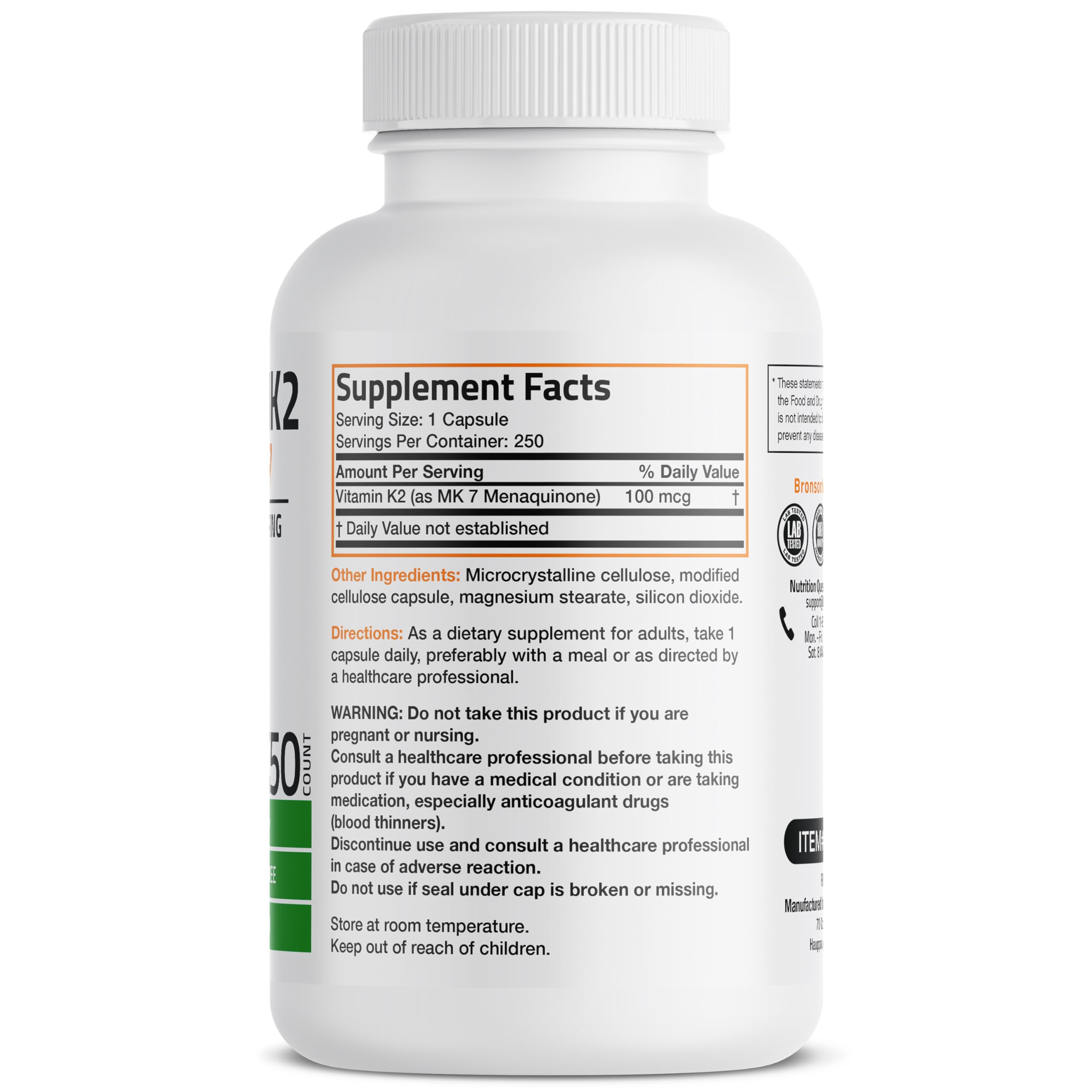 Bronson Vitamin K2 MK-7 capsules closeup displaying 100 mcg per capsule.