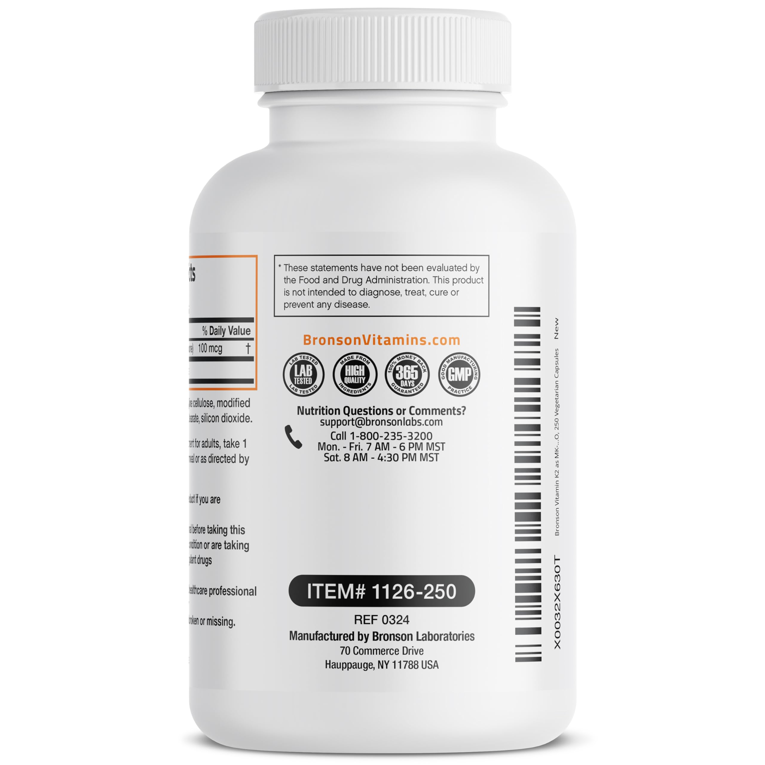 Bronson Vitamin K2 MK-7 ingredient list confirms quality controls.