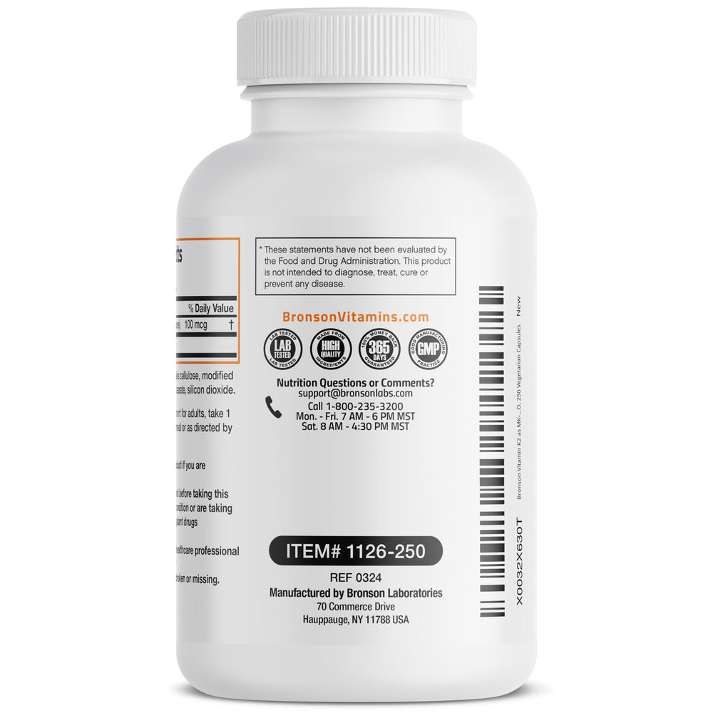 Bronson Vitamin K2 MK-7 ingredient list confirms quality controls.